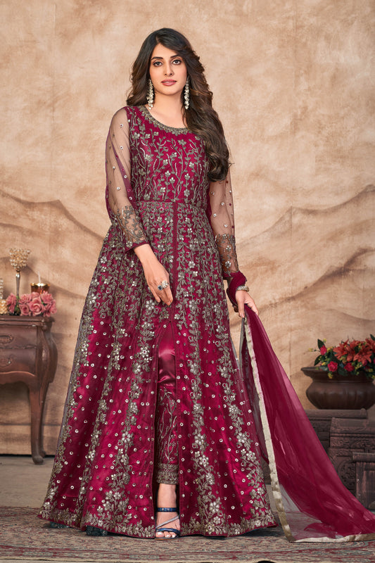 Maroon Partywear Embroidery Anarkali Suit