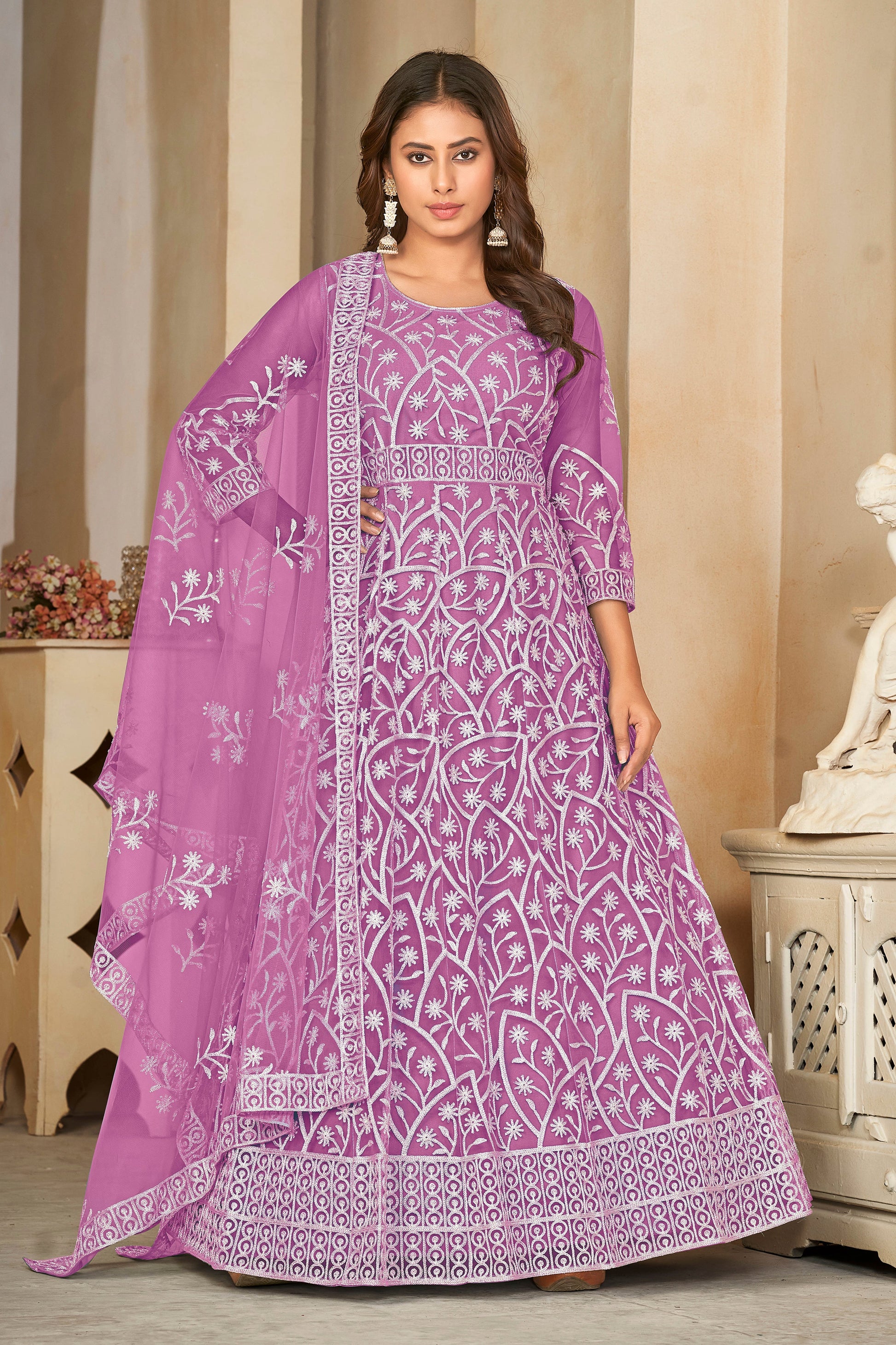 light purple anarkali dress Purple Floral Embellished Anarkali