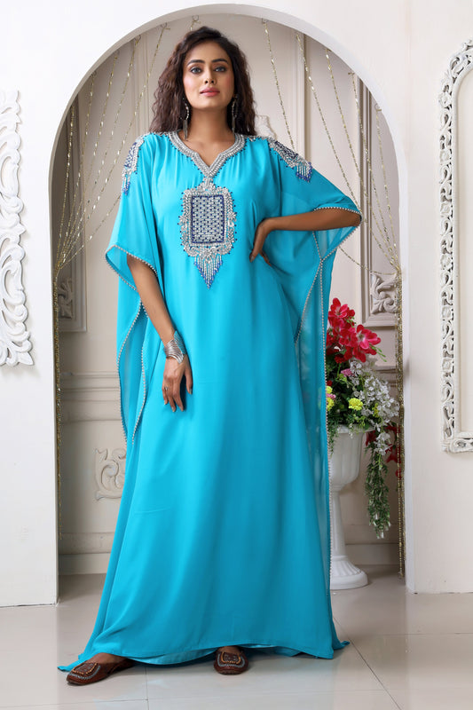 Firozi Georgette Stones Embroidery Kaftan
