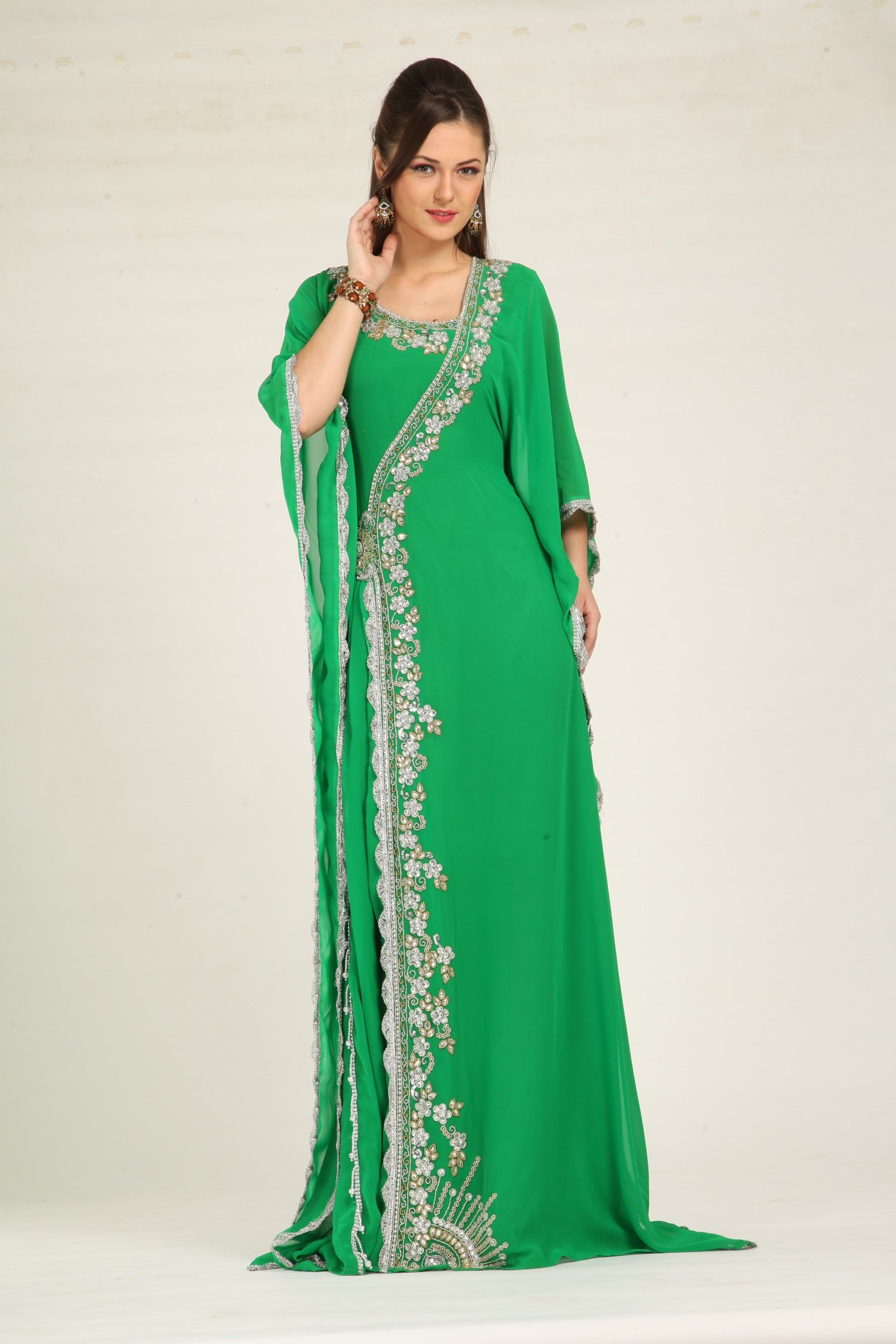 georgette maxi dress designs eloria Women's Georgette Frilled Design V Neck Sleevless Party Long Maxi Dress, Color : Parrot Green | Size : XL