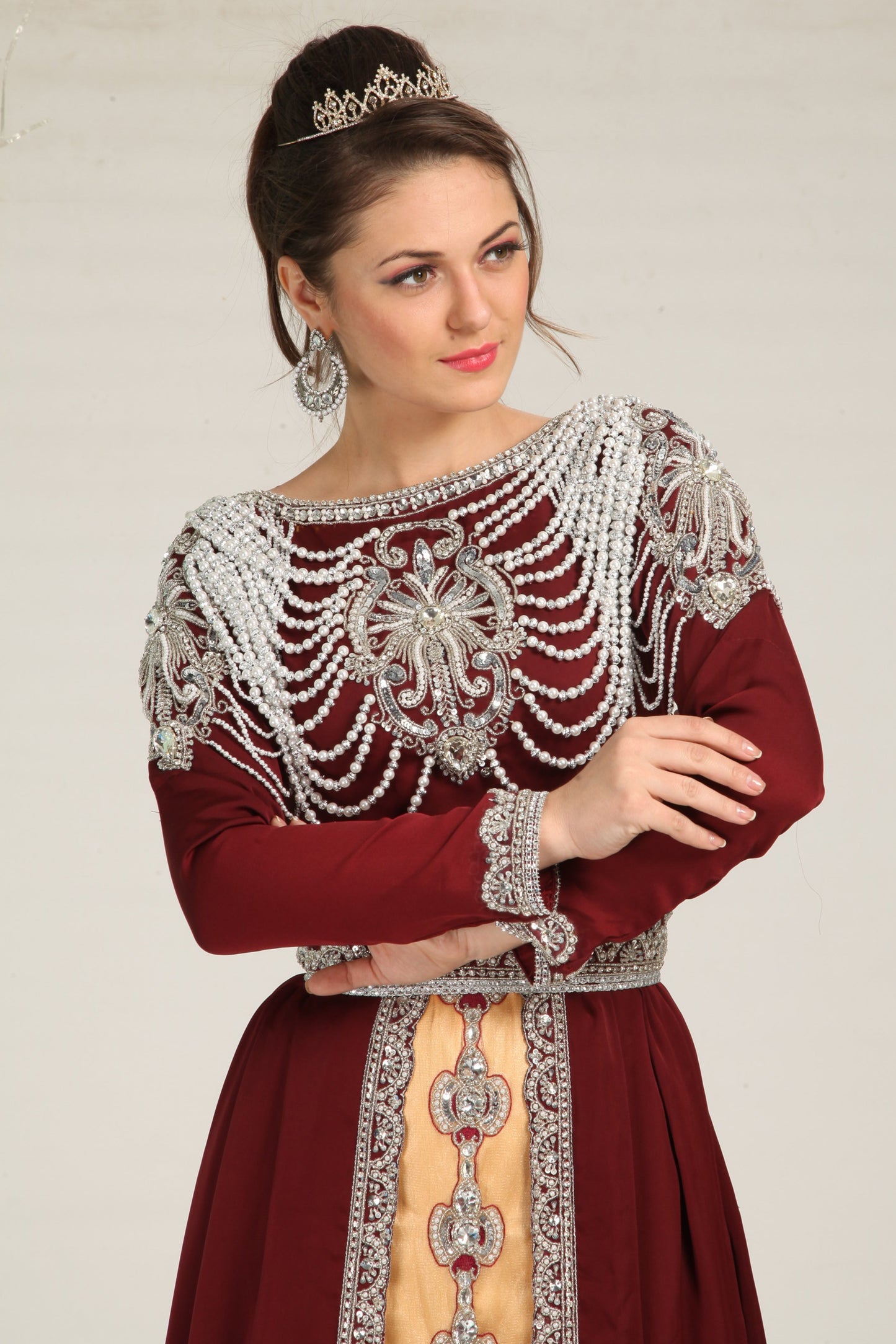 Maroon and Beige color Designer Kaftan