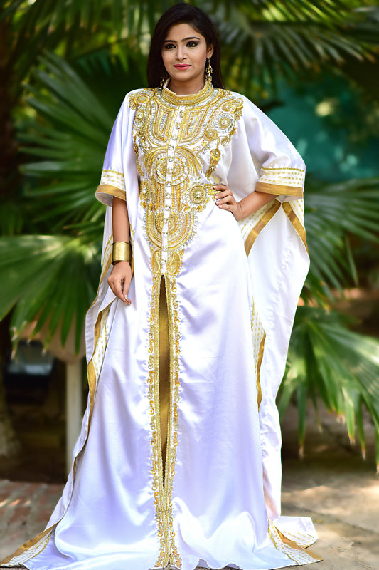 White and Gold Color Party Wear Kaftan