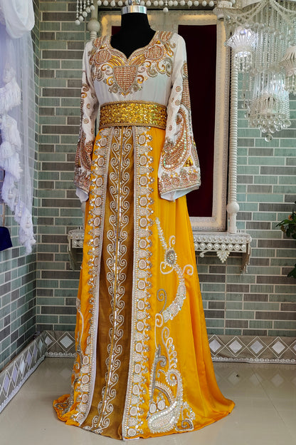 Yellow and White Islamic Bridal Kaftan Dresse