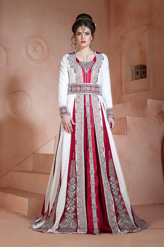 Off White and Maroon Color Wedding Long Sleeve Dress  Kaftan