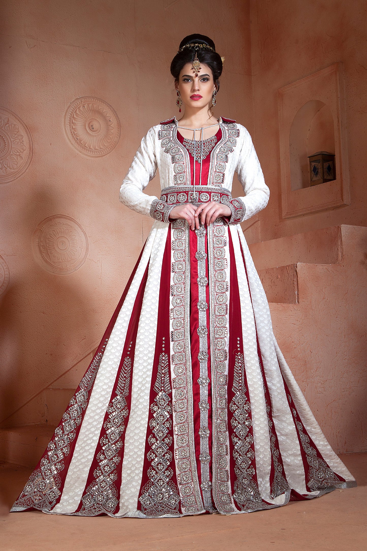 Off White and Maroon Color Wedding Long Sleeve Dress  Kaftan