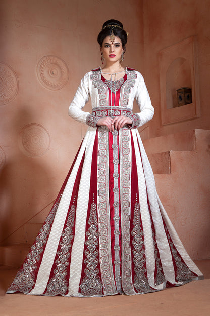 Off White and Maroon Color Wedding Long Sleeve Dress  Kaftan