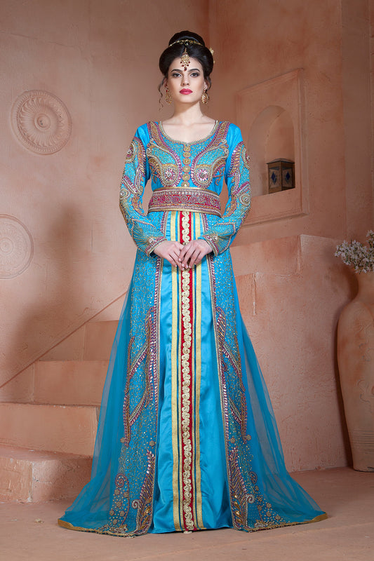 Firozi and Dark Pink Color Designer Partywear Dubai Kaftan