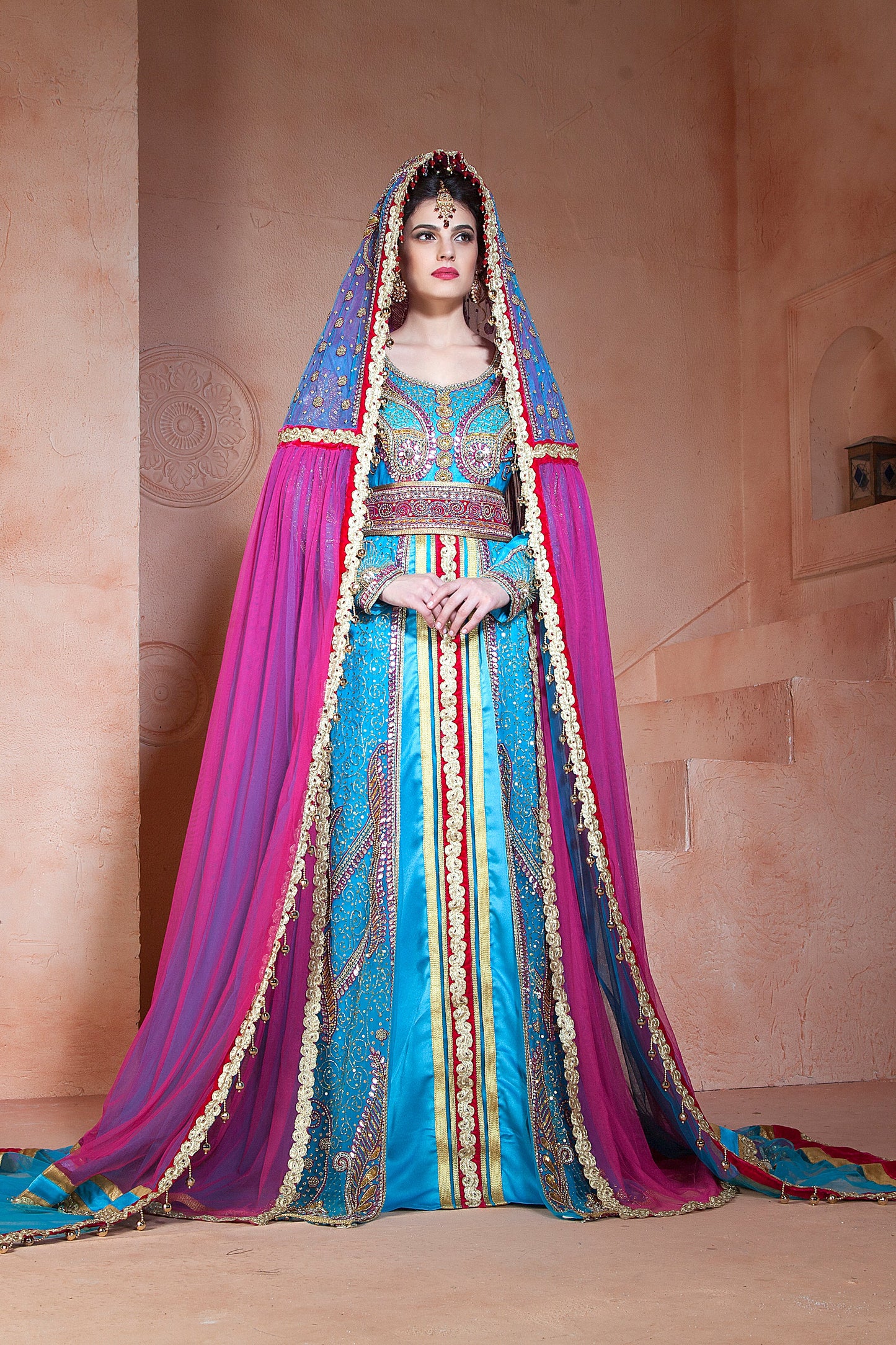 Firozi  and Dark Pink Color Designer  Wedding Caftan With Vail