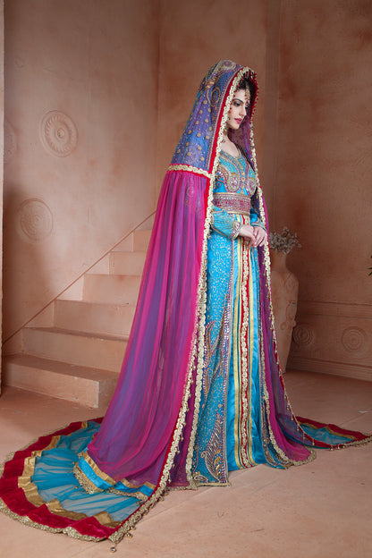 Firozi  and Dark Pink Color Designer  Wedding Caftan With Vail