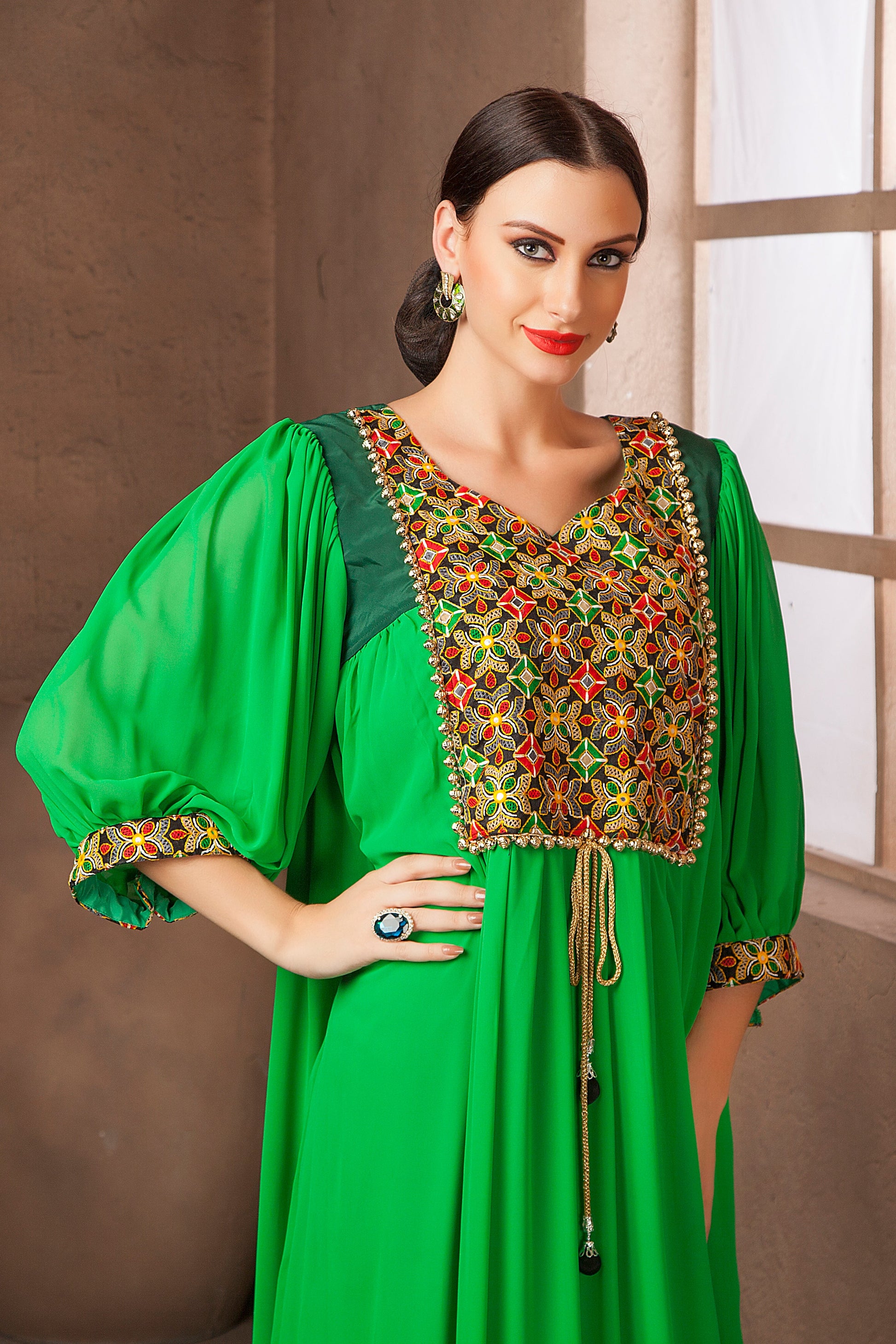 Parrot Green Color PartyWear Maxi Dress RobeDesert Parrot Green Color PartyWear Maxi Dress RobeDesert