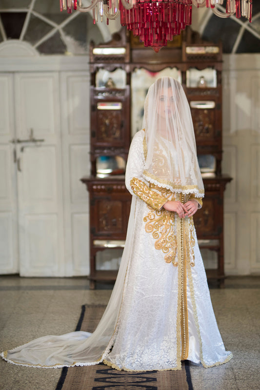 White Party Wear Moroccan Kaftan With Vail