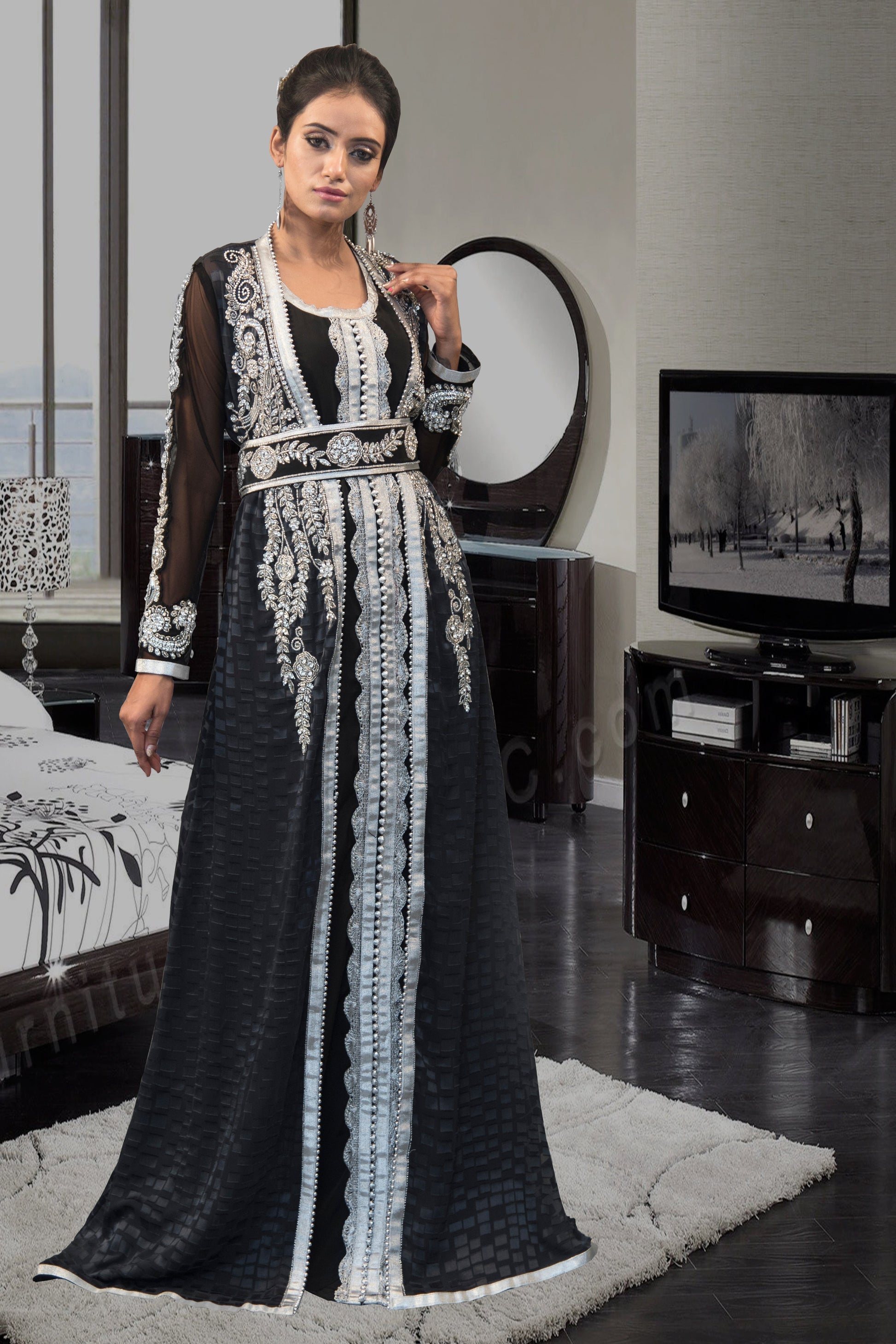 Dark Gray and Black Designer Moroccon Kaftan