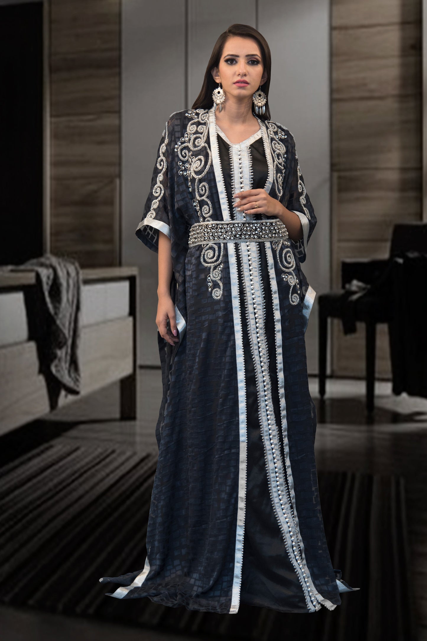 Dark Gray and Black Color Partywear Kaftan