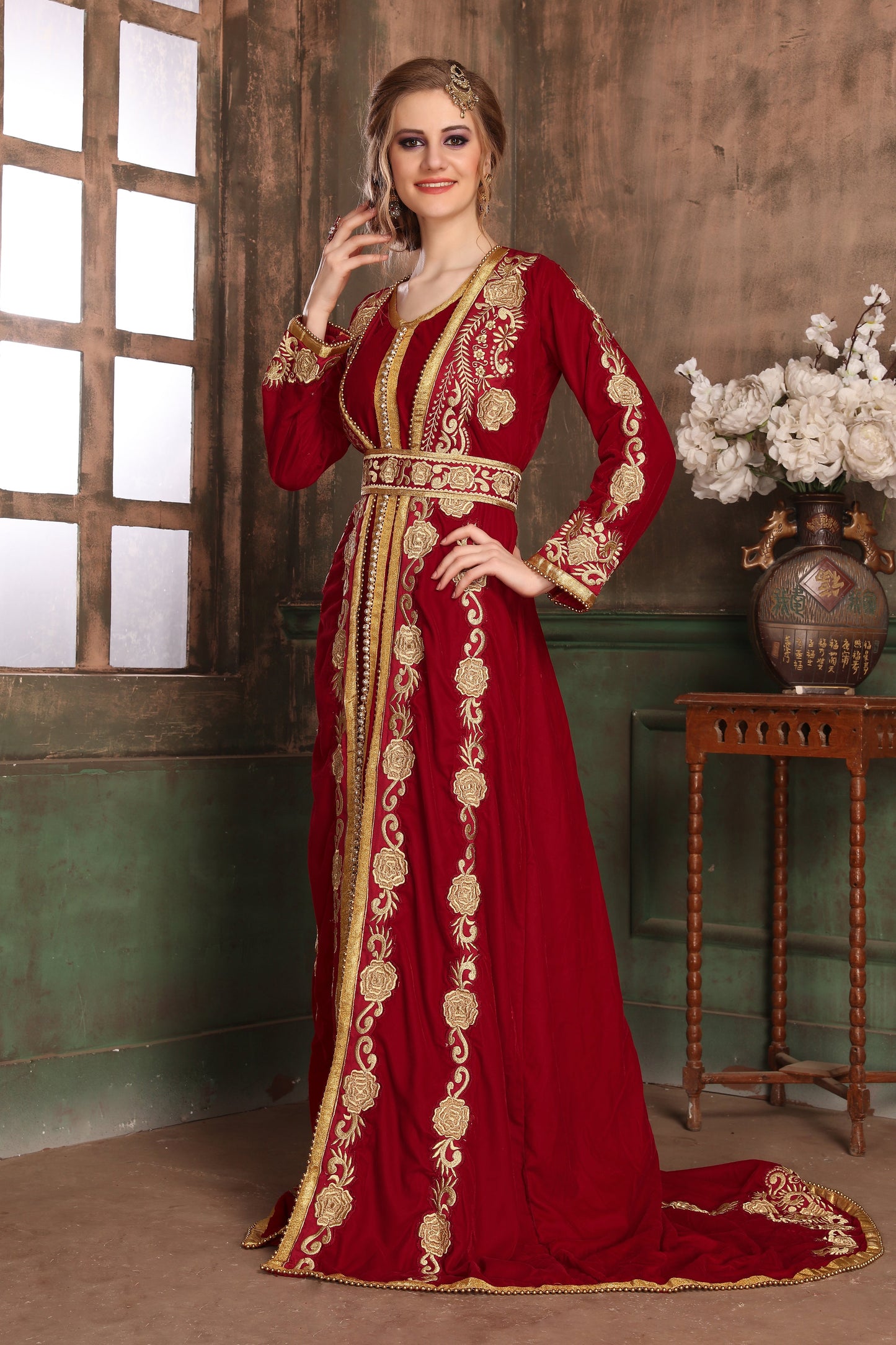 Maroon Color Wedding Moroccan Kaftan