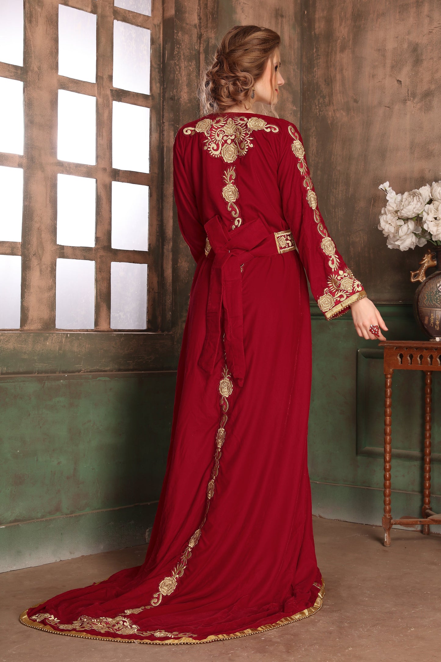Maroon Color Wedding Moroccan Kaftan