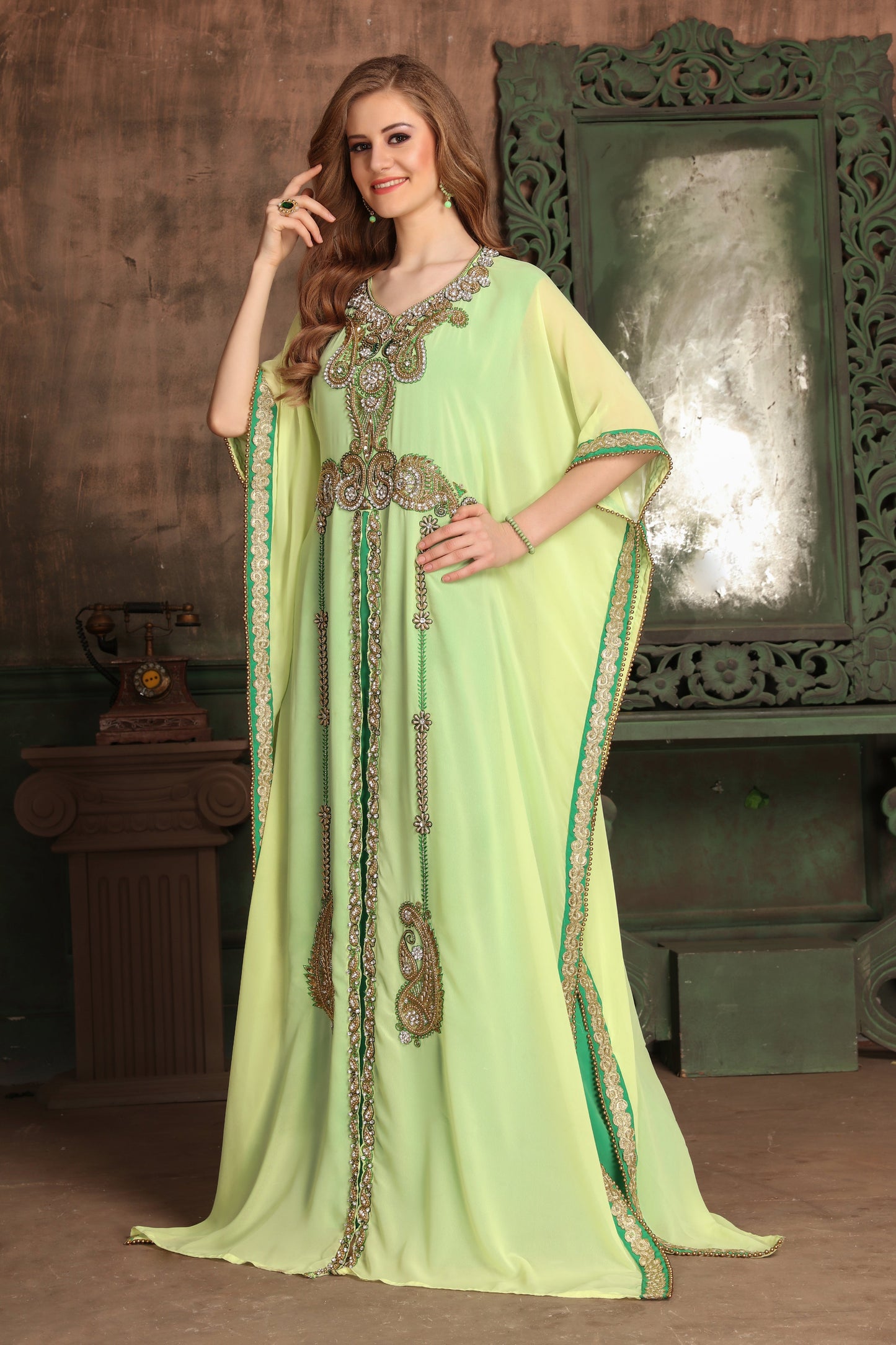 Yellow and Green Color Georgette Kaftan