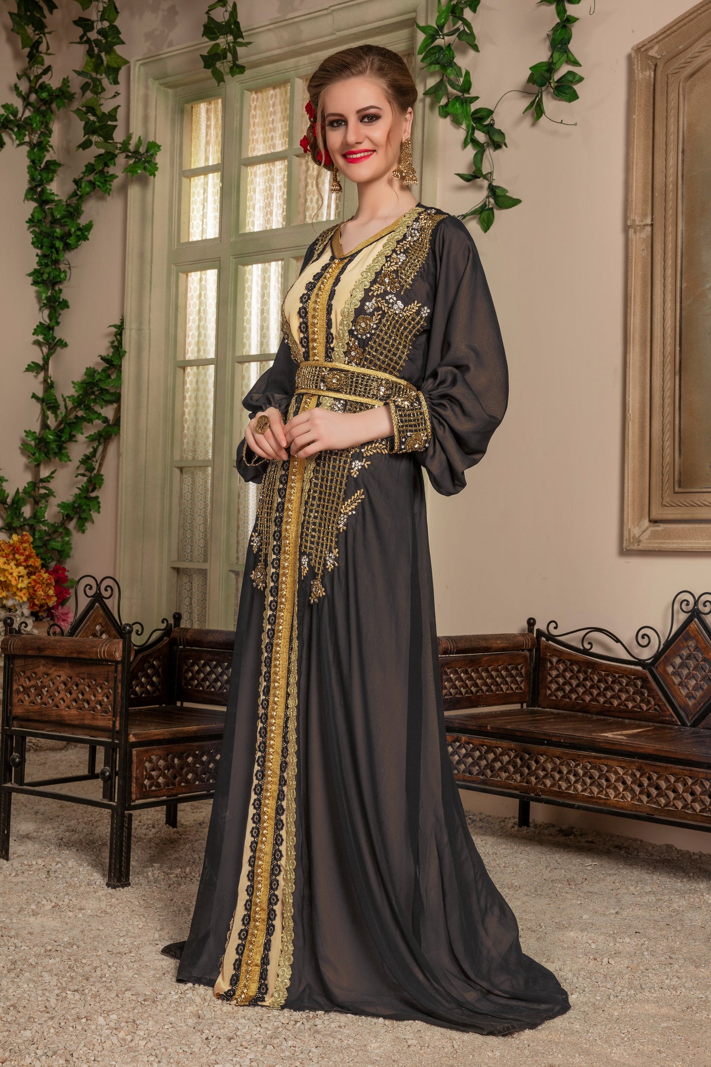 Black and Beige Party Wear Kaftan