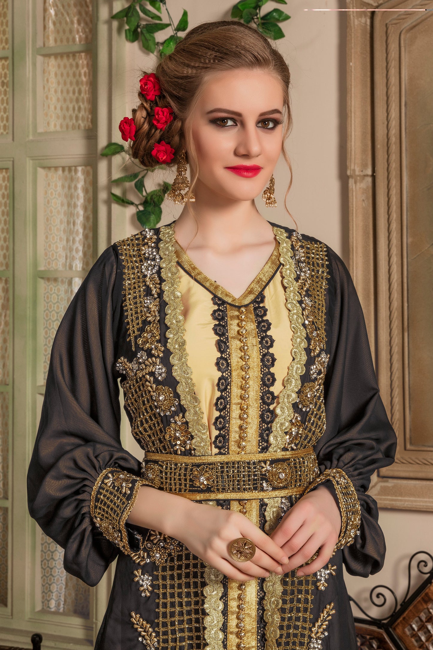 Black and Beige Party Wear Kaftan