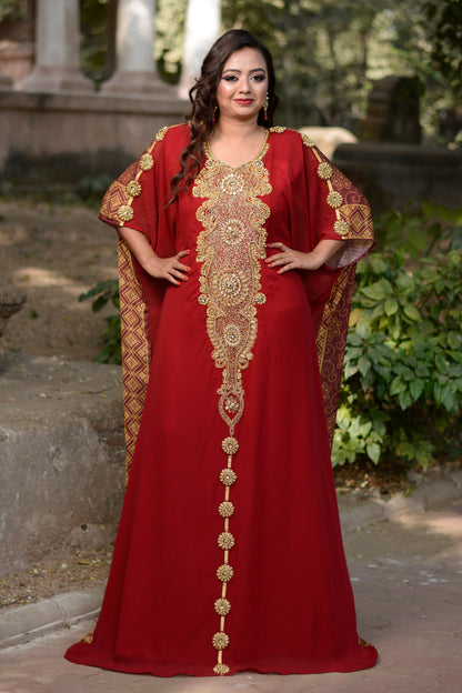 Maroon Color Islamic Hand Beaded Kaftan