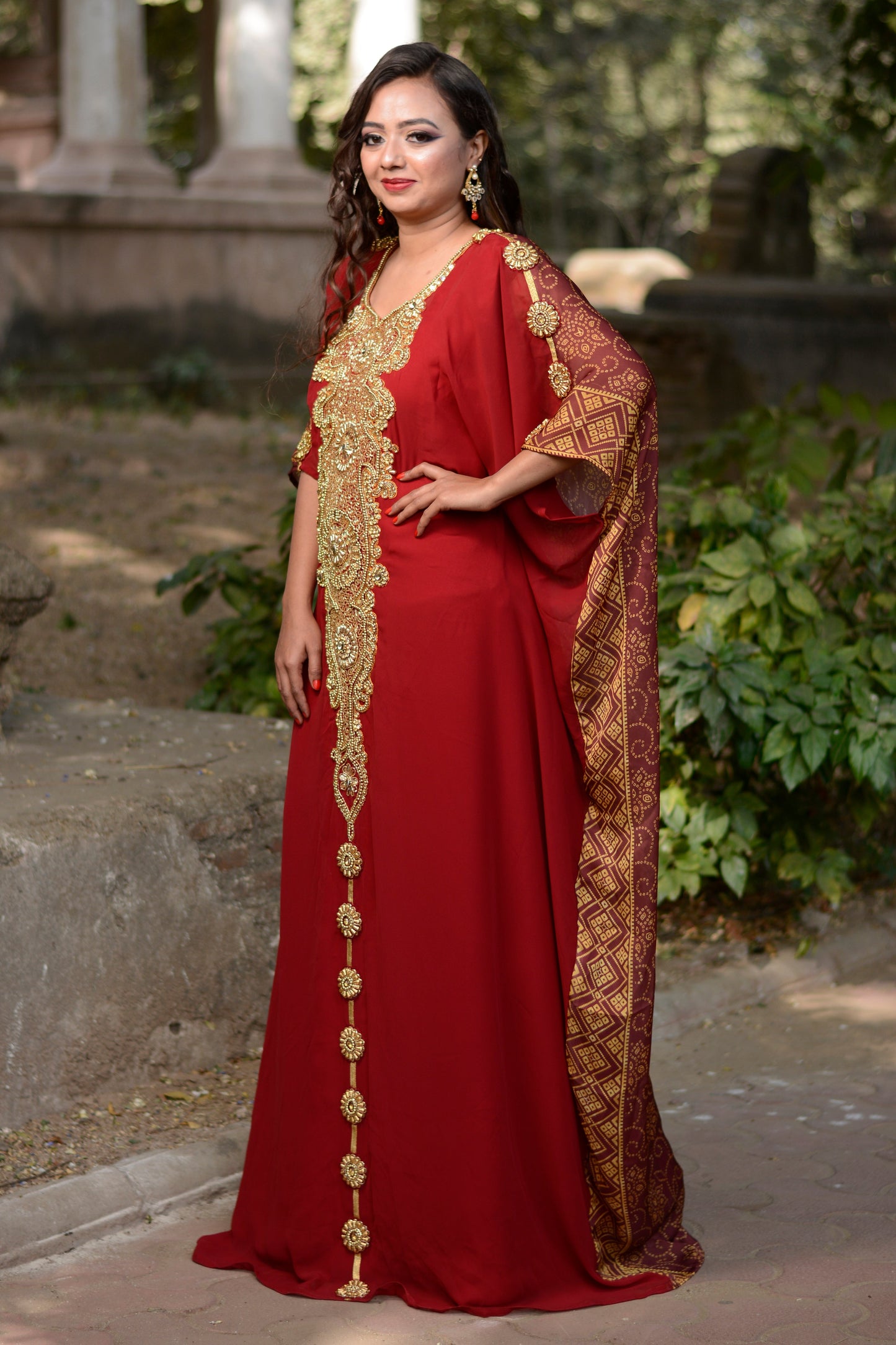 Maroon Color Islamic Hand Beaded Kaftan