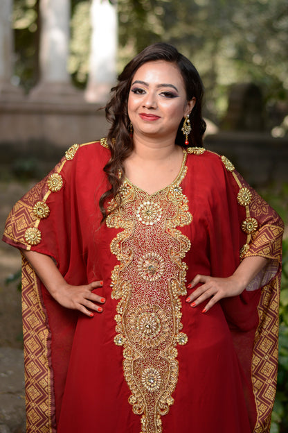 Maroon Color Islamic Hand Beaded Kaftan