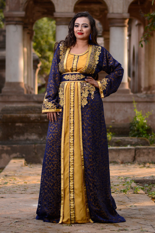 Blue and Gold Color Designer Wedding Kaftan