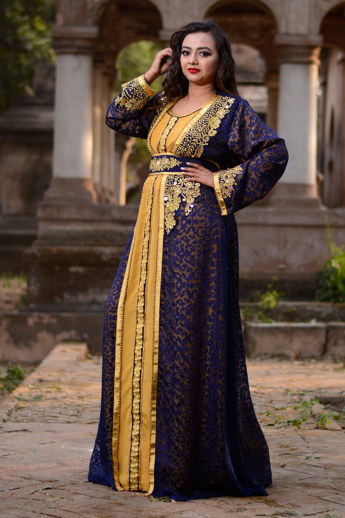 Blue and Gold Color Designer Wedding Kaftan