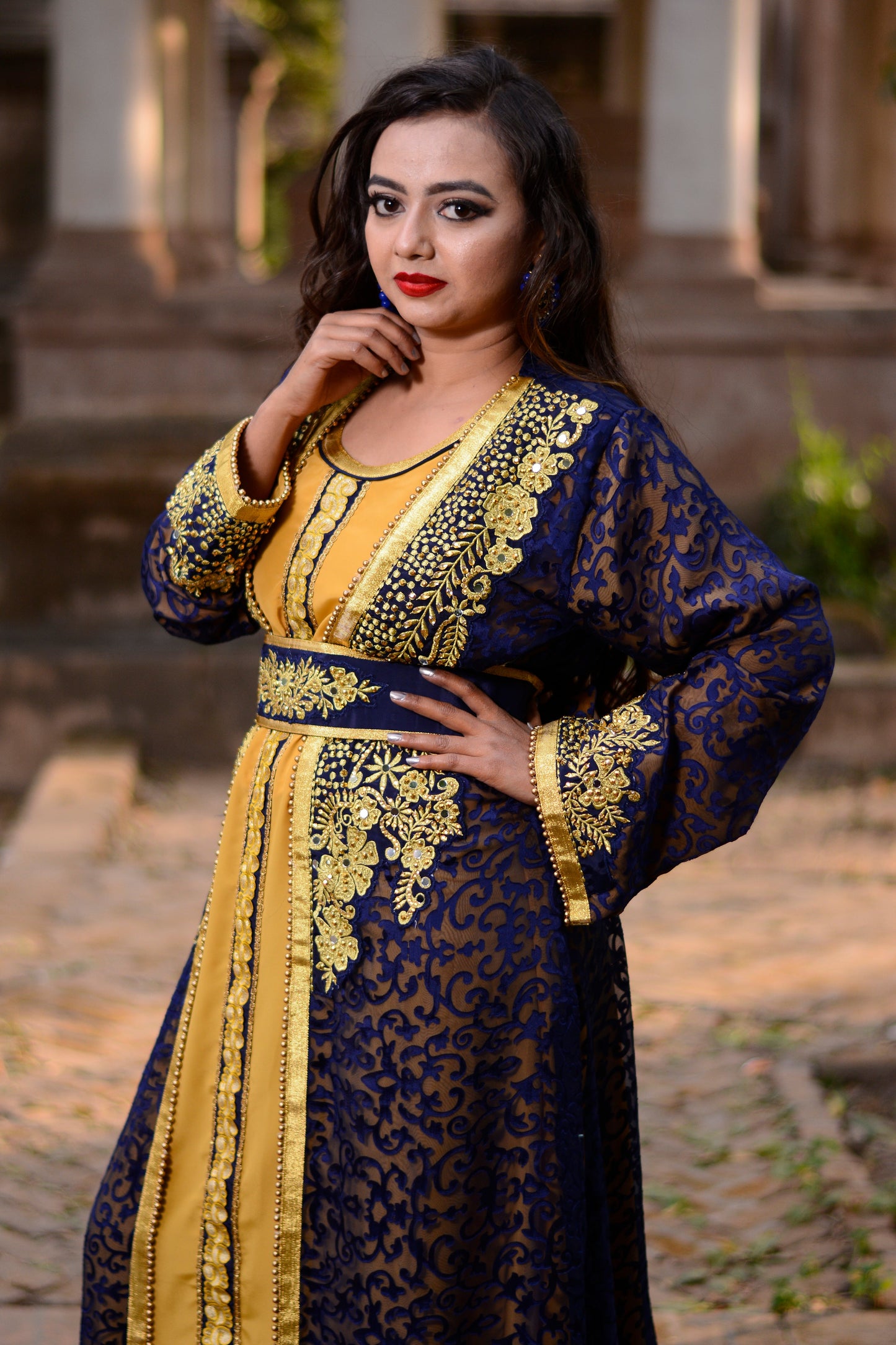 Blue and Gold Color Designer Wedding Kaftan