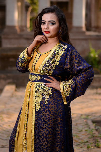 Blue and Gold Color Designer Wedding Kaftan
