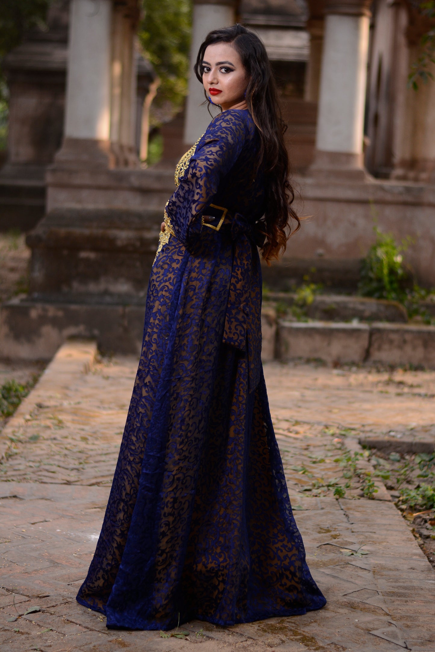 Blue and Gold Color Designer Wedding Kaftan