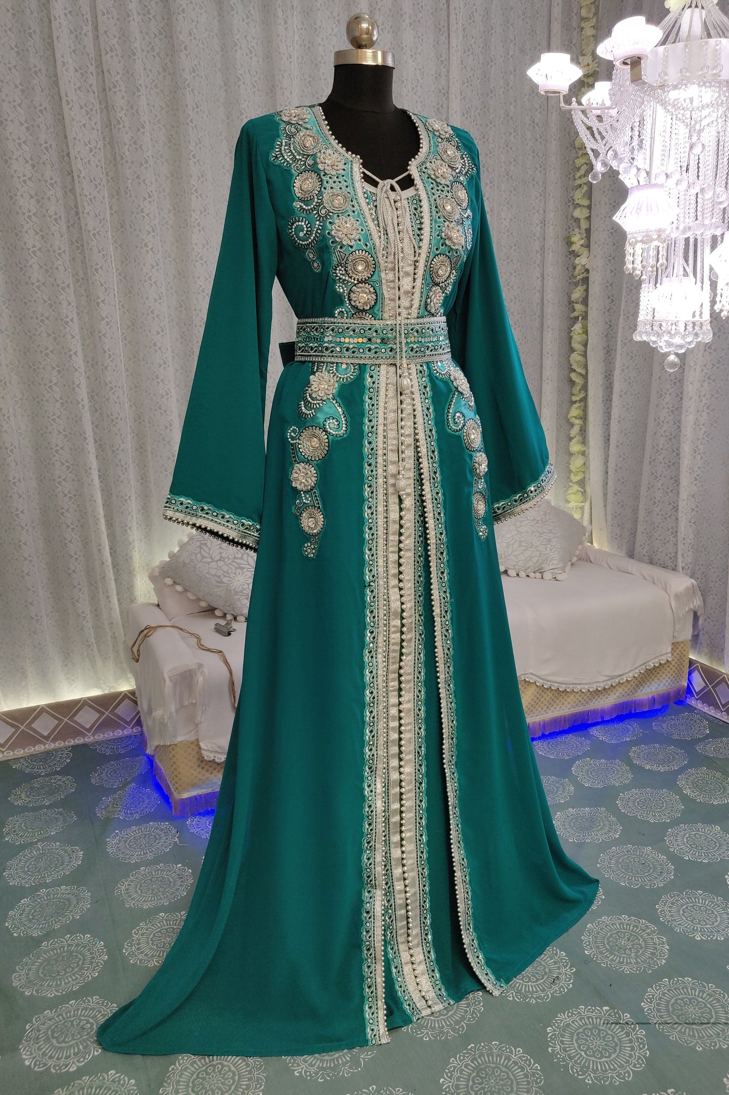 Sea Green Color Designer Moroccan Kaftan