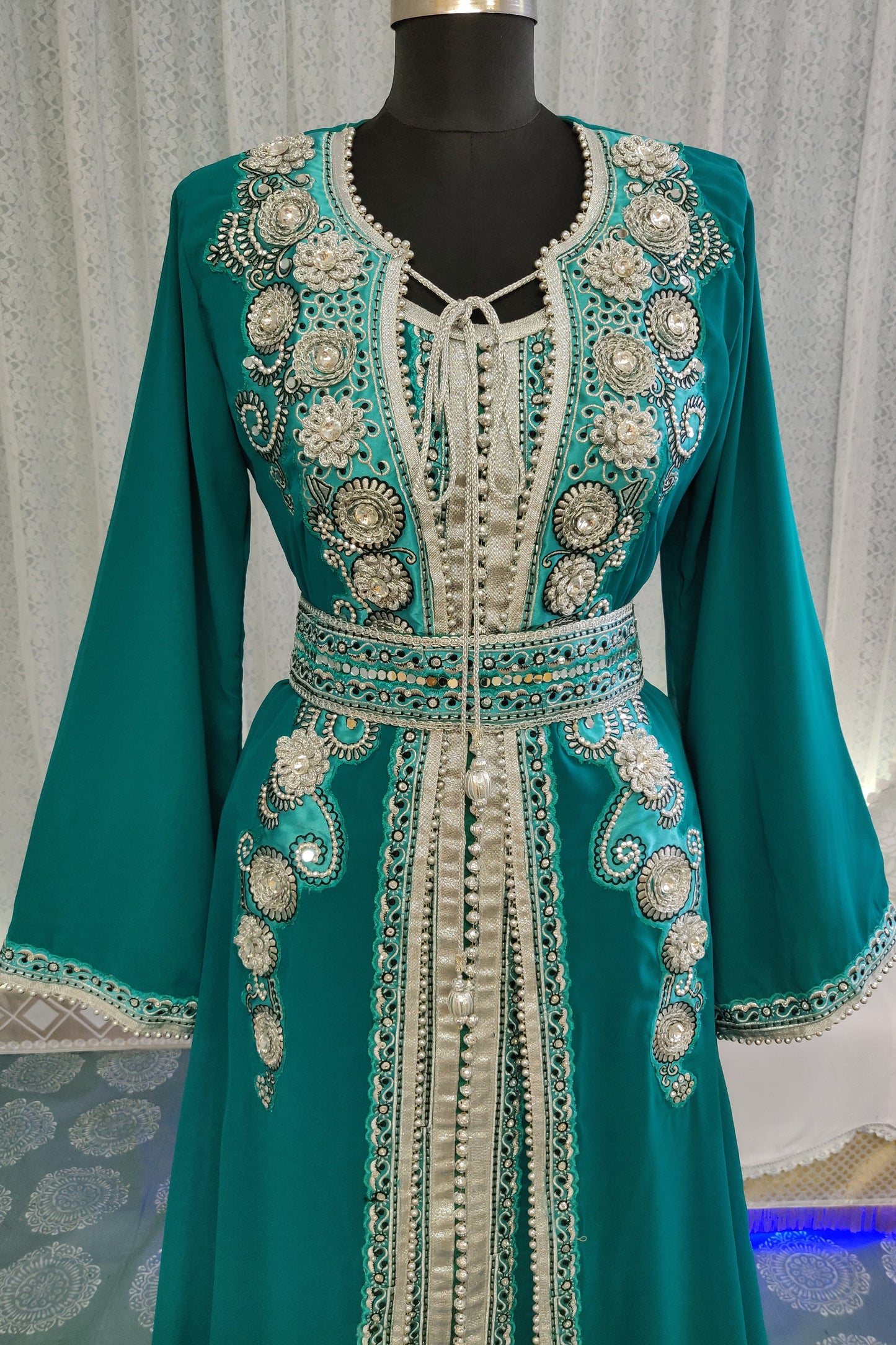 Sea Green Color Designer Moroccan Kaftan