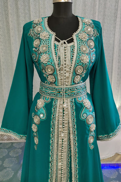 Sea Green Color Designer Moroccan Kaftan