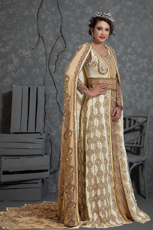 Beige Color Wedding Designer Moroccan Kaftan With Vail