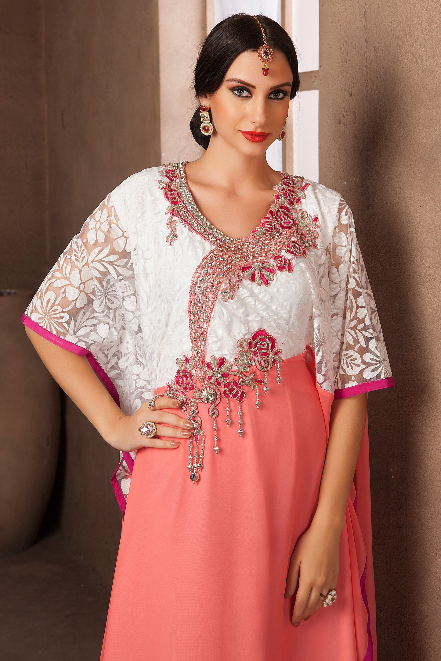 White and Peach Color Saudi Arabic Style Kaftan
